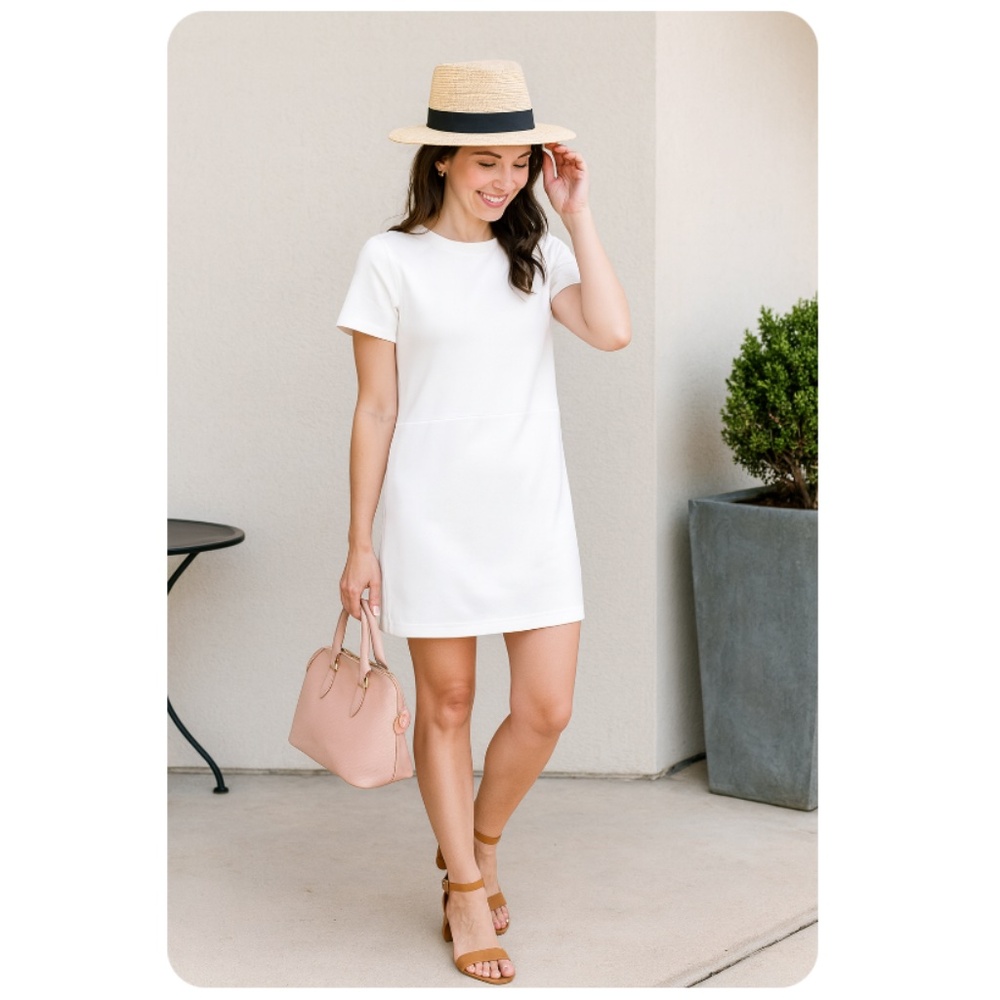 EILEEN FISHER White Short Sleeve Drop Waist Mini Dress Size 2/4 Petite